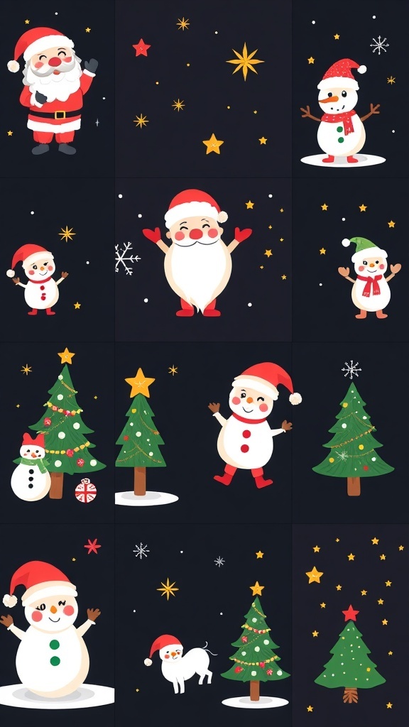 Cute Christmas wallpapers with dark backgrounds featuring Santa, snowmen, and Christmas trees.
